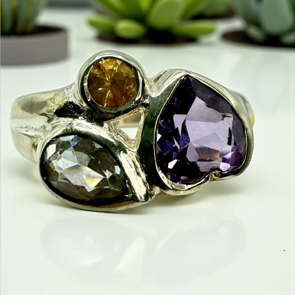 Sterling Silver Multi-Gemstone Ring – Amethyst, Citrine & Topaz – Size 6